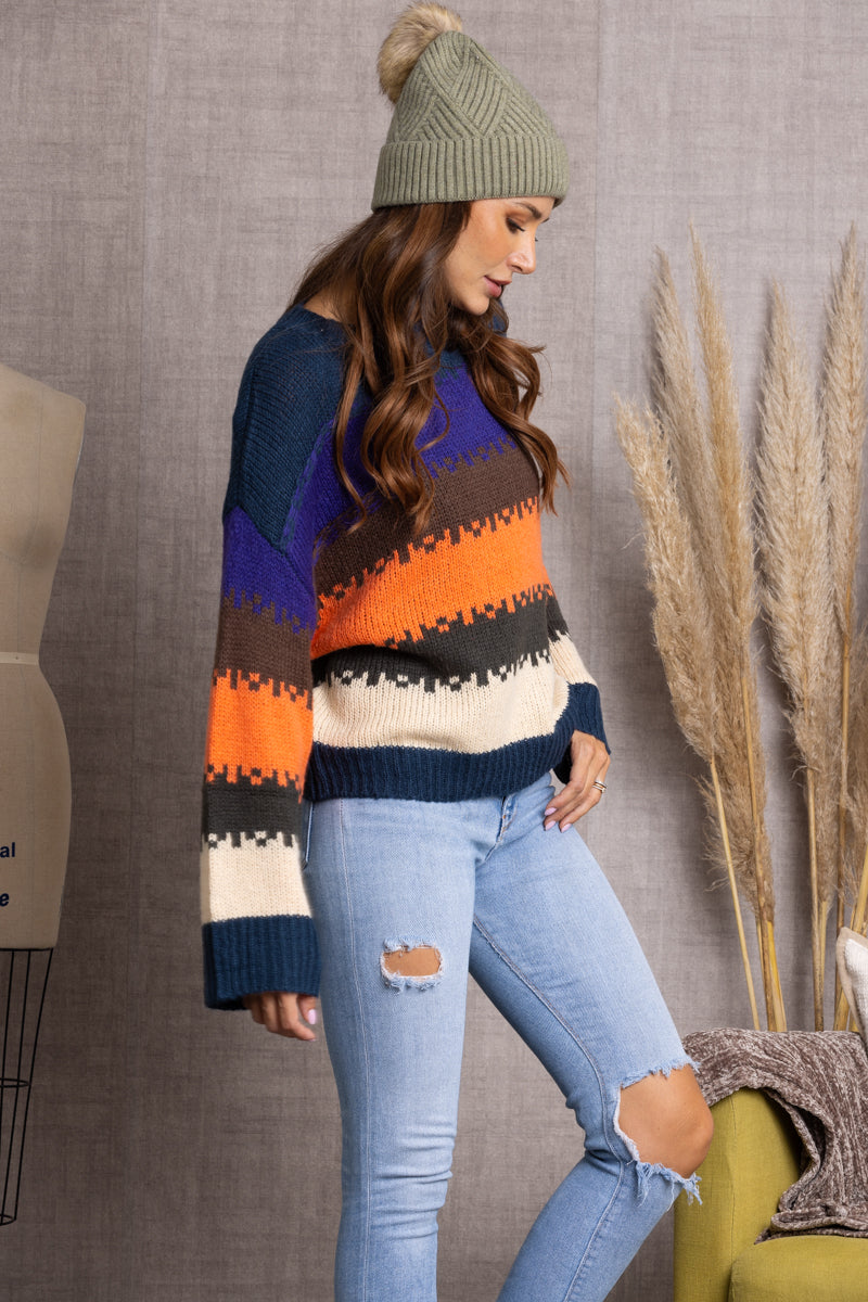 Right side view of MULTI PATTERN KNITTED SWEATER