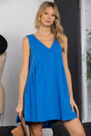 BLUE SLEEVELESS V-NECK FRILL TRIM CAMI DRESS