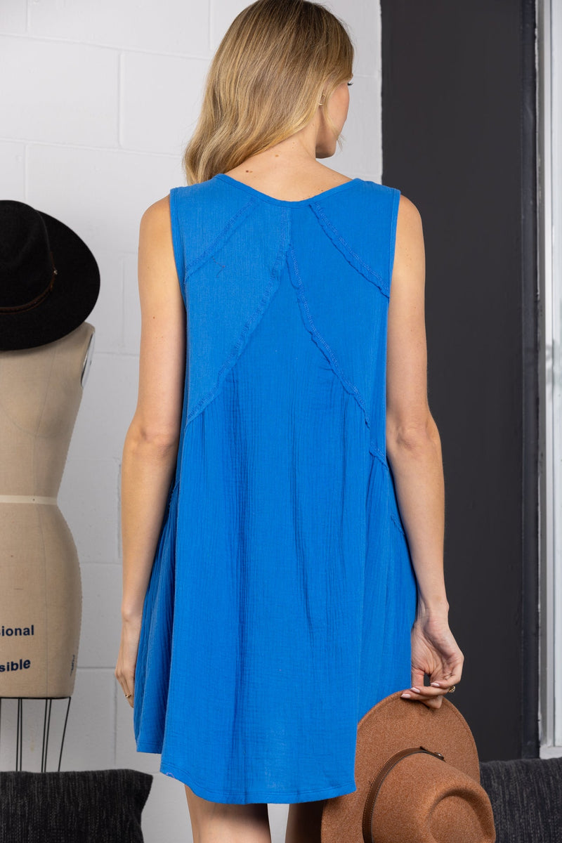 BLUE SLEEVELESS V-NECK FRILL TRIM CAMI DRESS