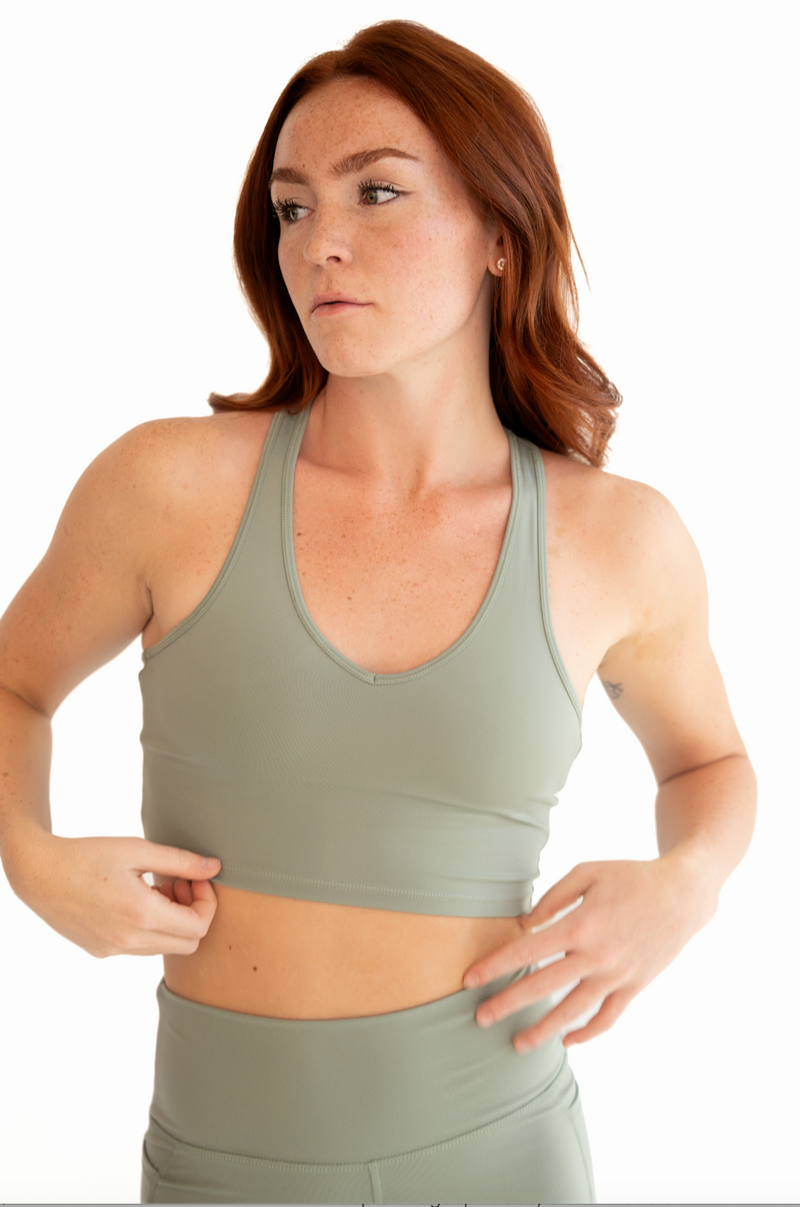 Front view of V Neck Bra Top green