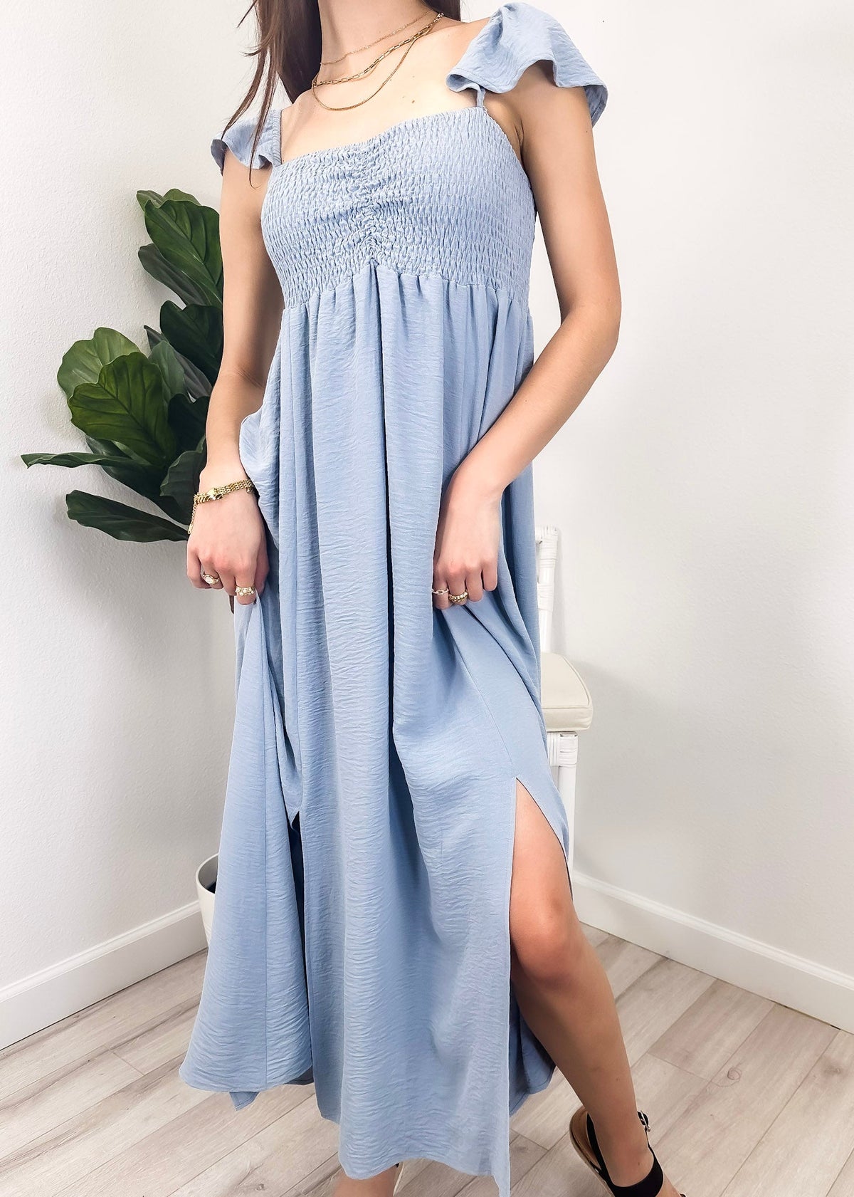 Blue Ruffled Cap Sleeve Maxi Slit Dress