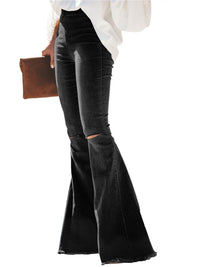 Cute Elastic Waist Distressed Flared Long Bell Bottom Denim Jeans