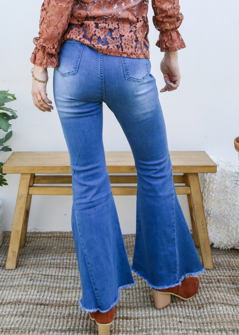 Back view of Elastic Waist Distressed Flared Long Bell Bottom Denim Jeans