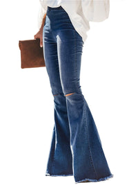 Elastic Waist Distressed Flared Long Bell Bottom Denim Jeans for mom