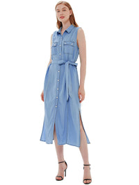 popular Anna-Kaci Women's Sleeveless Jean Shirt Dress Tied Waist Turn Down Collar Pocket Denim Dress