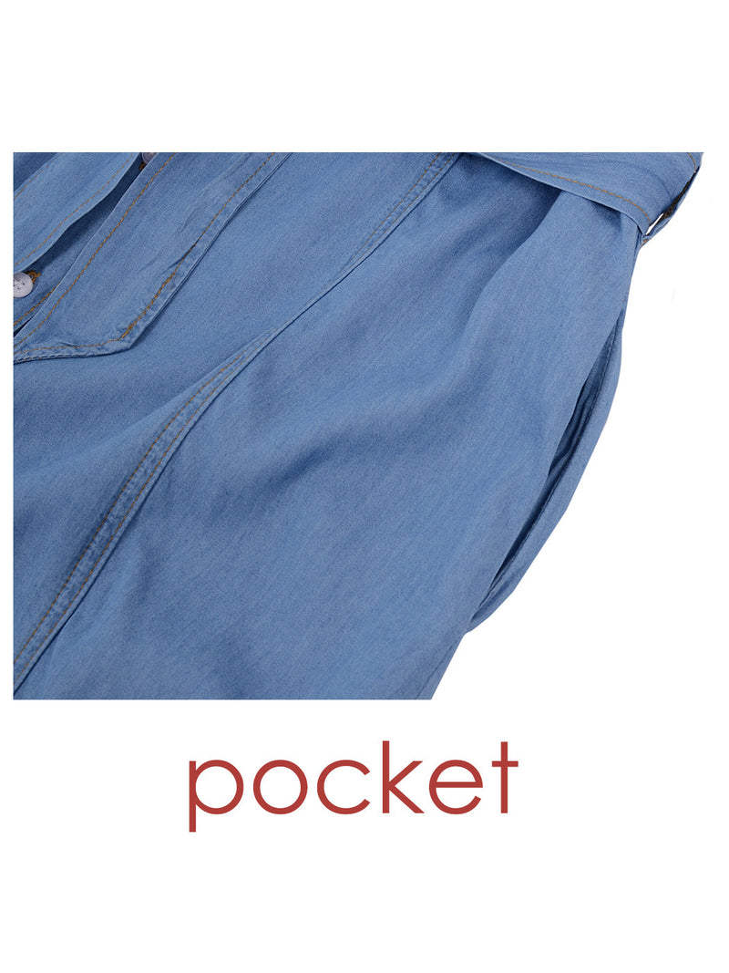 View of pocket on Anna-Kaci Women's Sleeveless Jean Shirt Dress Tied Waist Turn Down Collar Pocket Denim Dress