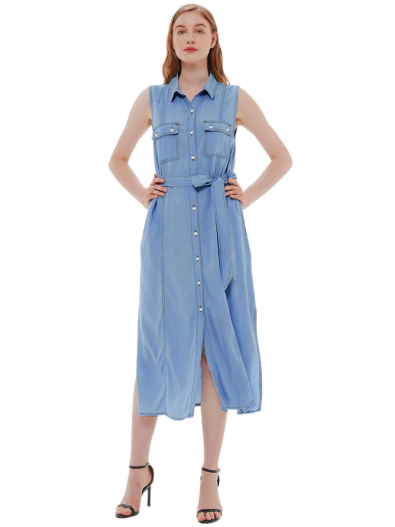 Sexy Anna-Kaci Women's Sleeveless Jean Shirt Dress Tied Waist Turn Down Collar Pocket Denim Dress