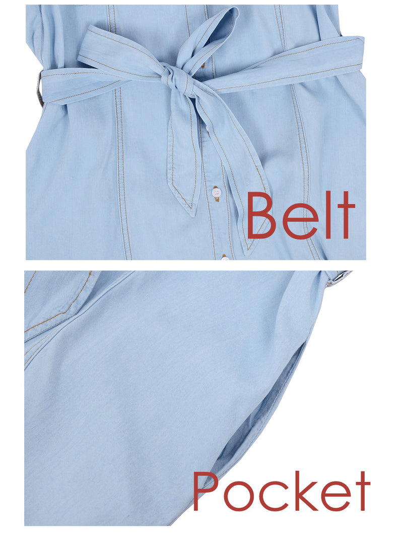 Close up of belt on Anna-Kaci Women's Sleeveless Jean Shirt Dress Tied Waist Turn Down Collar Pocket Denim Dress