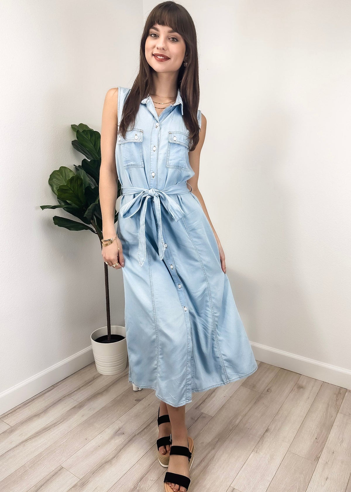  Cute Anna-Kaci Women's Sleeveless Jean Shirt Dress Tied Waist Turn Down Collar Pocket Denim Dress