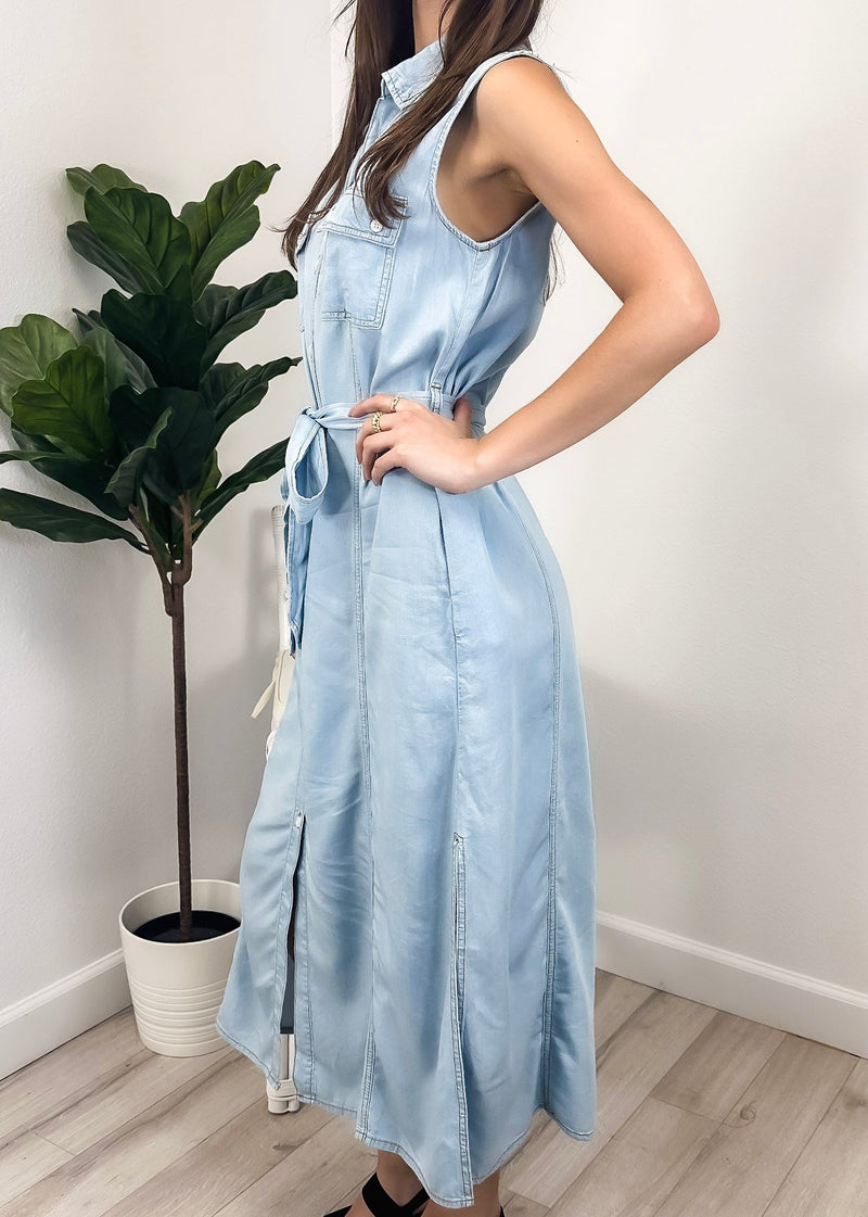 Right side view of Anna-Kaci Women's Sleeveless Jean Shirt Dress Tied Waist Turn Down Collar Pocket Denim Dress