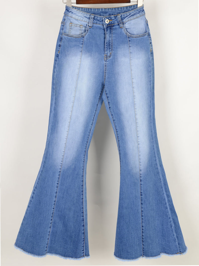 Elastic Waist Distressed Flared Long Bell Bottom Denim Jeans by Anna-Kaci