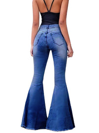 Elastic Waist Distressed Flared Long Bell Bottom Denim Jeans by Anna-Kaci