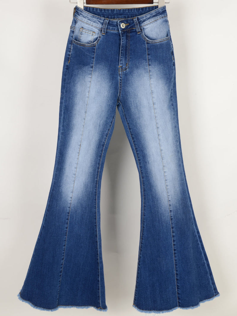 Elastic Waist Distressed Flared Long Bell Bottom Denim Jeans by Anna-Kaci