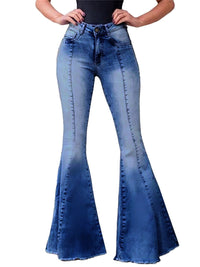 Elastic Waist Distressed Flared Long Bell Bottom Denim Jeans by Anna-Kaci