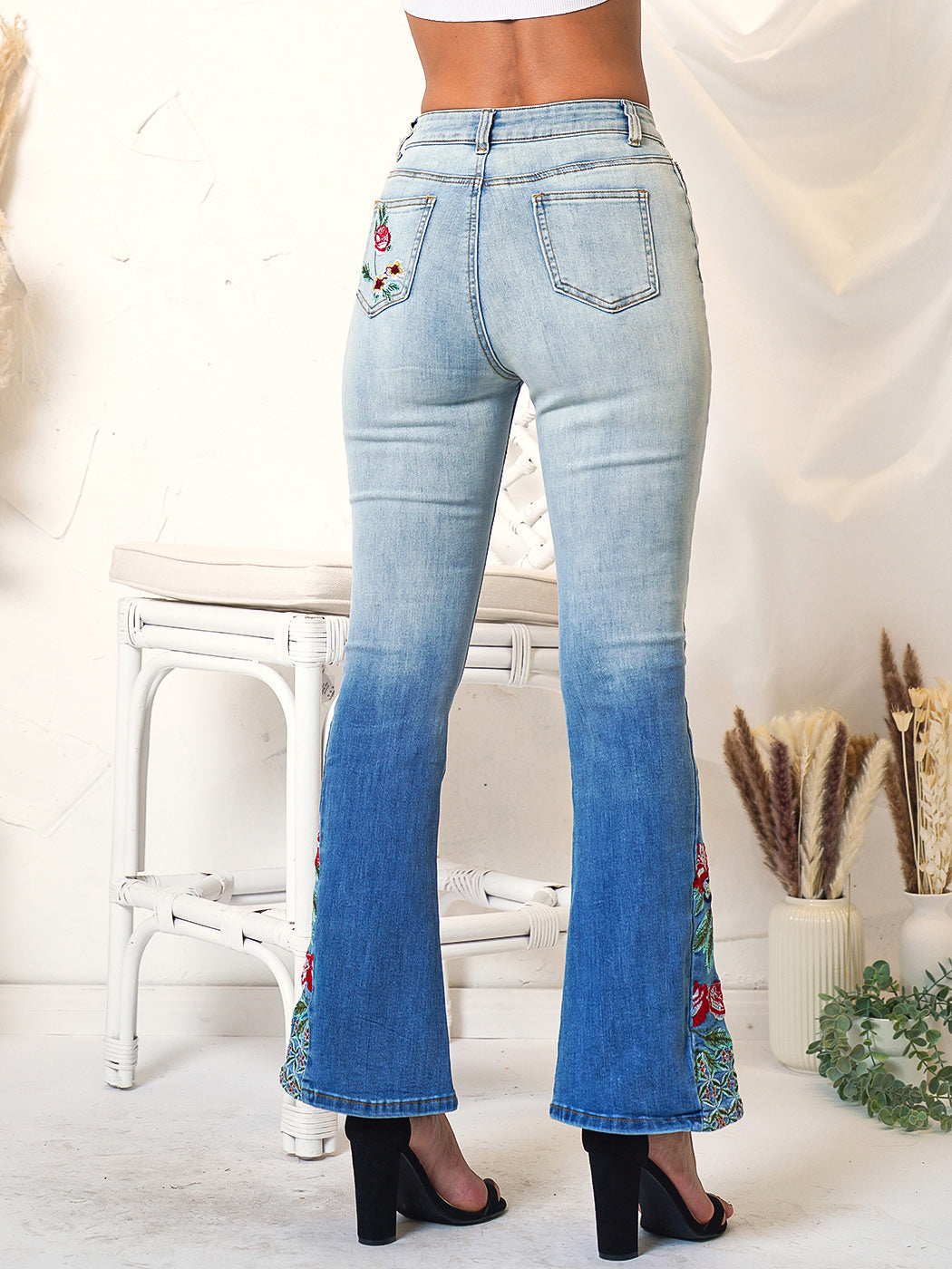 Back view of Classic Retro High Waist Long Denim Bell Bottom Jeans