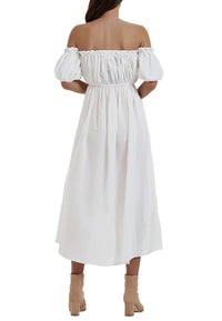 Back view of Anna-Kaci Women White Summer Fall Renaissance Dresses Casual Boho Lantern Sleeve Off Shoulder Fairy Long 