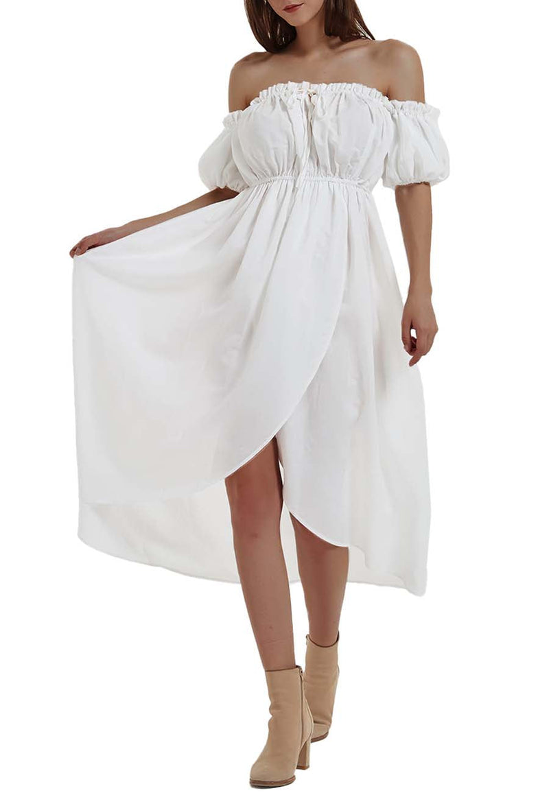 Front view of Anna-Kaci Women White Summer Fall Renaissance Dresses Casual Boho Lantern Sleeve Off Shoulder Fairy Long 