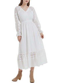 White Womens Lace Long Sleeve V Neck Fall Maxi Dress