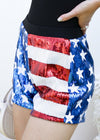 Right side view of Anna-Kaci Women's Mid Rise July 4th USA Flag Star Stripes Sparkly Sequin Shorts