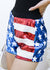 Right side view of Anna-Kaci Women's Mid Rise July 4th USA Flag Star Stripes Sparkly Sequin Shorts