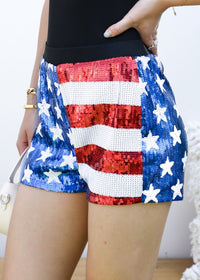 Anna-Kaci Women's Mid Rise July 4th USA Flag Star Stripes Sparkly Sequin Shorts