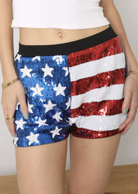 Sporty Anna-Kaci Women's Mid Rise July 4th USA Flag Star Stripes Sparkly Sequin Shorts