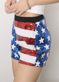 Cute Anna-Kaci Women's Mid Rise July 4th USA Flag Star Stripes Sparkly Sequin Shorts