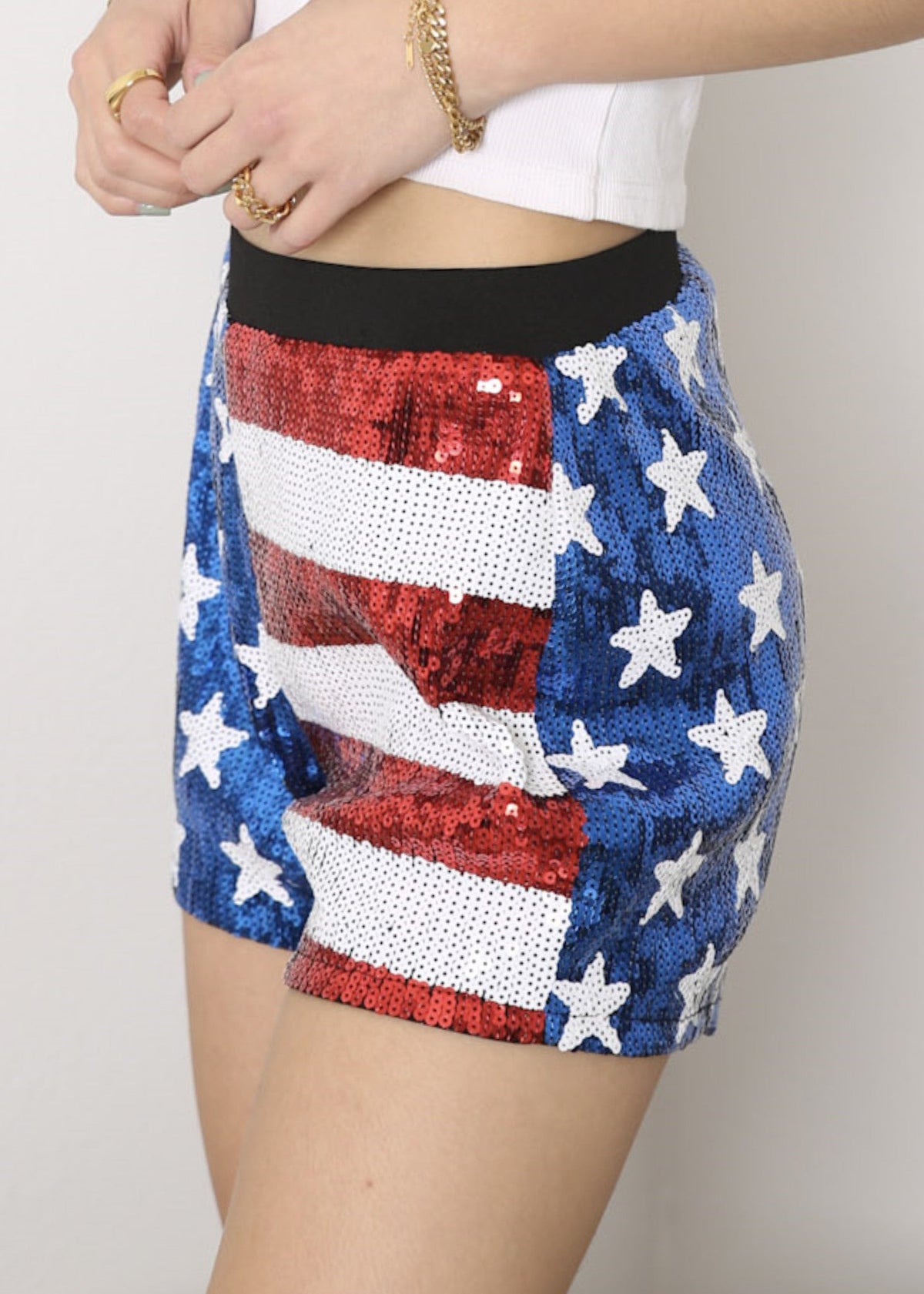 Cute Anna-Kaci Women&#39;s Mid Rise July 4th USA Flag Star Stripes Sparkly Sequin Shorts