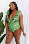 Cute Moonlit Dip Ruffle Plunge Swimsuit in Mid Green