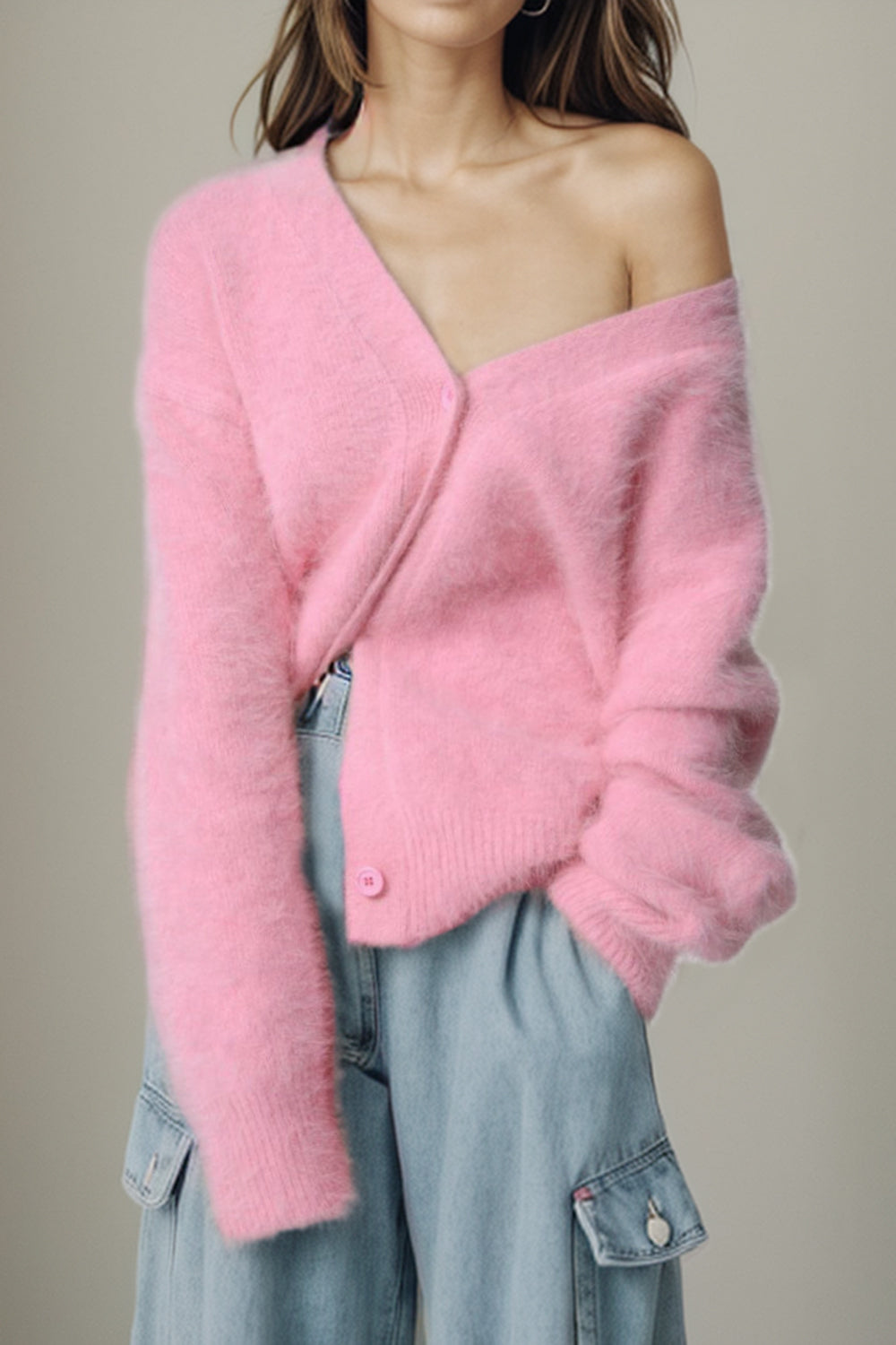 Cute pink Button Up Dropped Shoulder Cardigan