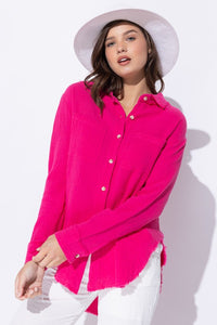 Fun WRINKLED GAUZE BUTTON DOWN SHIRT WITH ROUGH EDGING