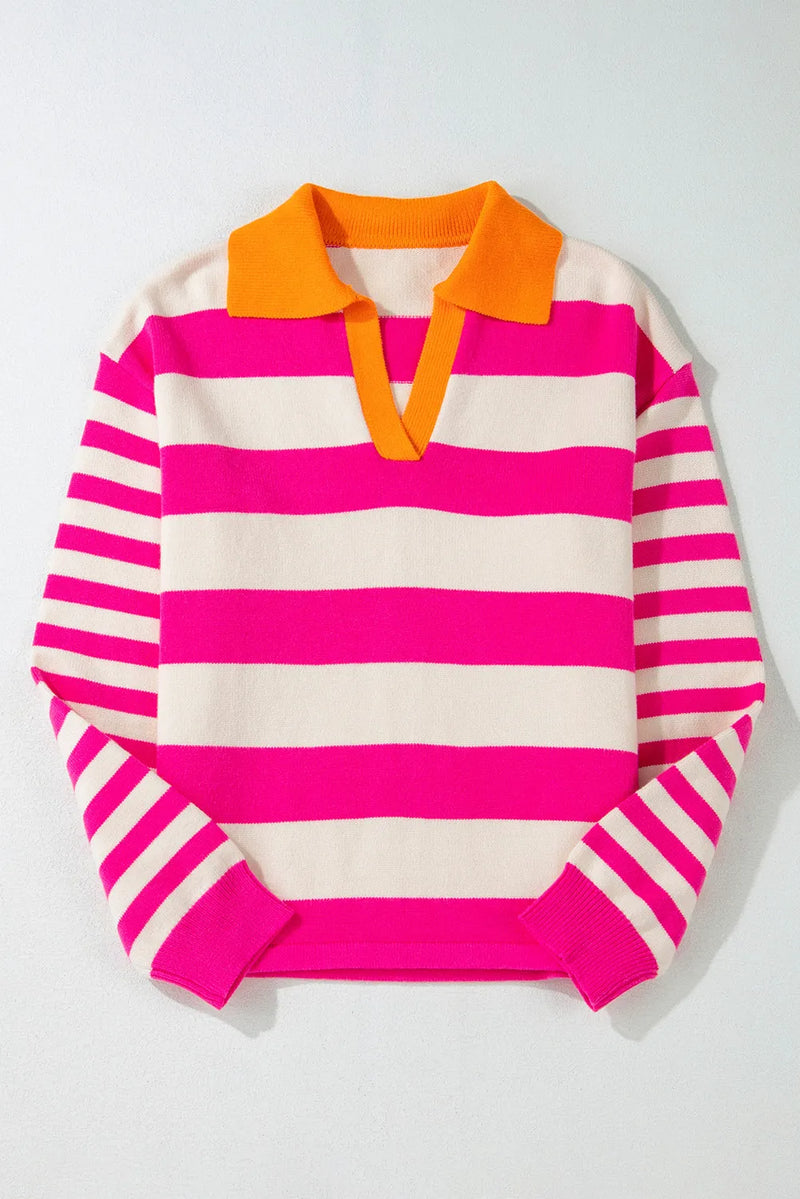 Front view of Contrast Stripes Johnny Collar Long Sleeve Sweater