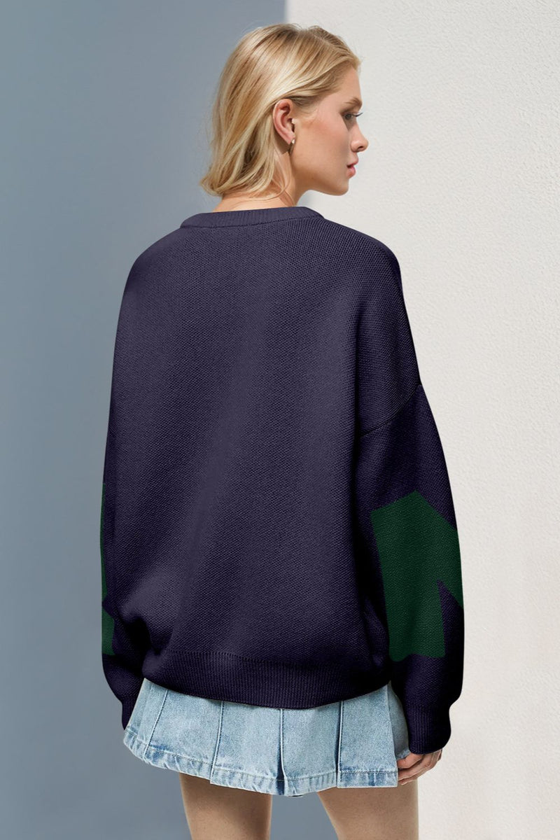 Back view of navy blue Basic Bae Contrast Letter Round Neck Long Sleeve Sweater