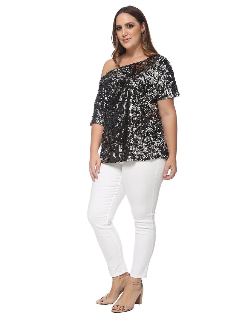 Plus Size One Shoulder Sequin Top by Anna-Kaci