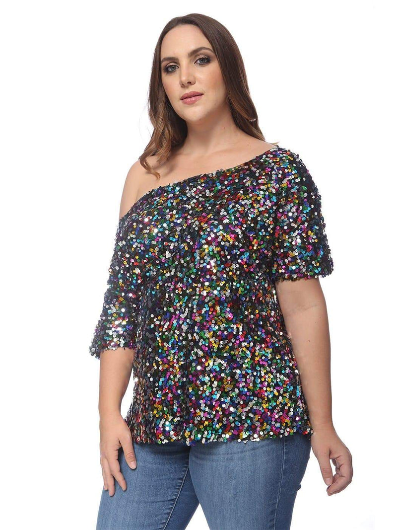 Plus Size One Shoulder Sequin Top by Anna-Kaci