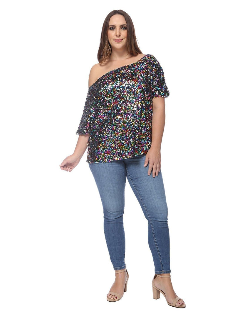 Plus Size One Shoulder Sequin Top by Anna-Kaci