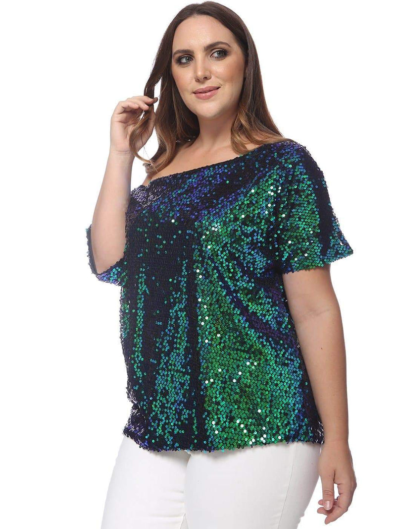 Plus Size One Shoulder Sequin Top by Anna-Kaci