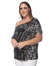 Plus Size One Shoulder Sequin Top by Anna-Kaci