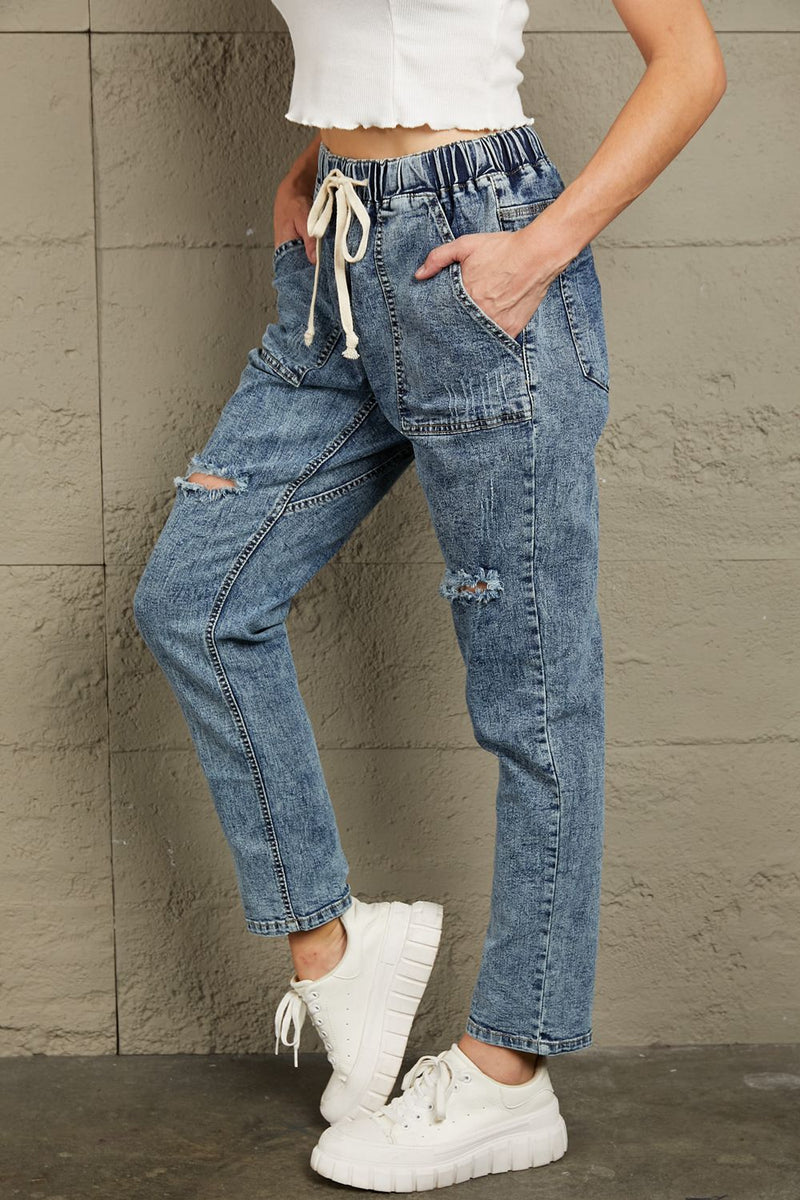 Right side view of Baeful Drawstring Denim Joggers