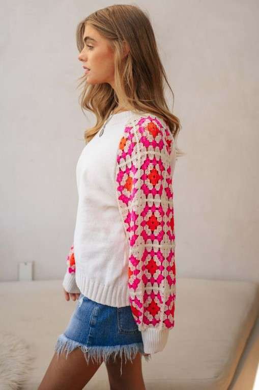 KNIT CROCHET DETAILED LONG SLEEVE SWEATER