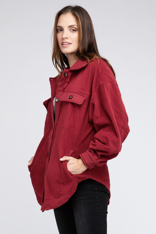 Fleece Buttoned Down Oversized Jacket Burgundy