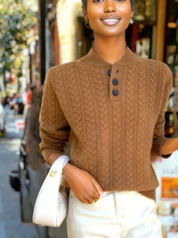 Front view of Knitted Baseball Collar Twisted Rope Texture Buttoned Sweatshirt