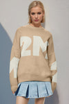 Brown Basic Bae Contrast Letter Round Neck Long Sleeve Sweater