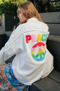 MULTI COLOR LETTERING PEACE SYMBOL BUTTON UP SHIRT