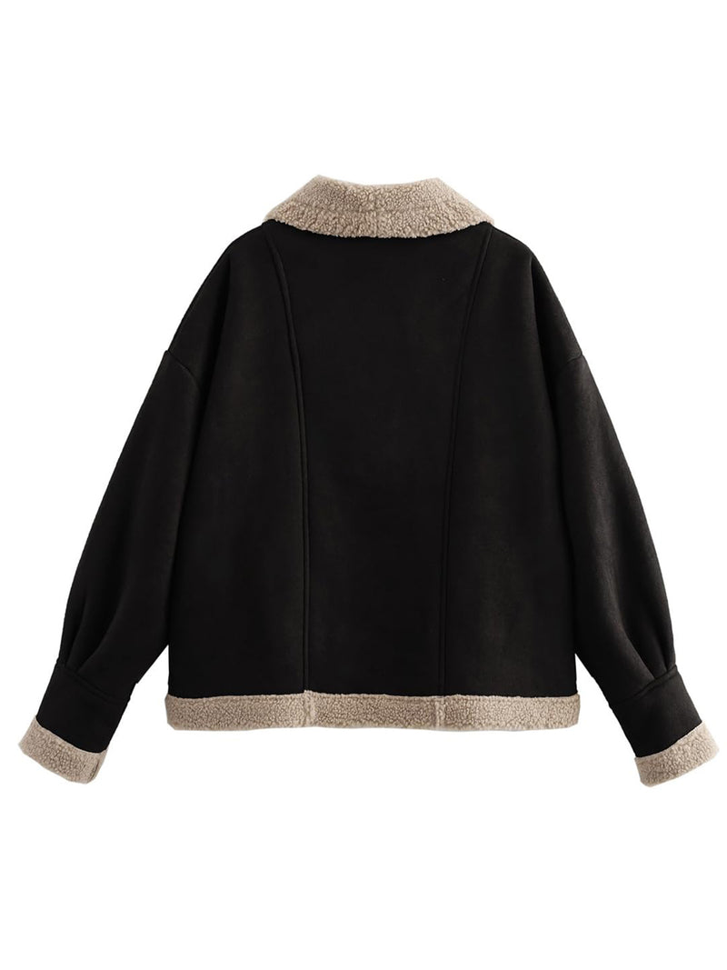 Fuzzy Collared Neck Long Sleeve Jacket