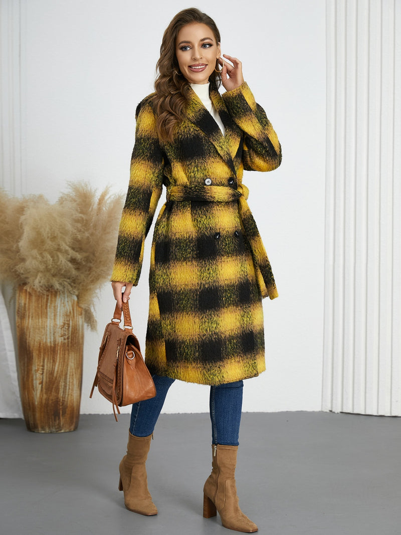 Plaid Tie Waist Long Sleeve Coat