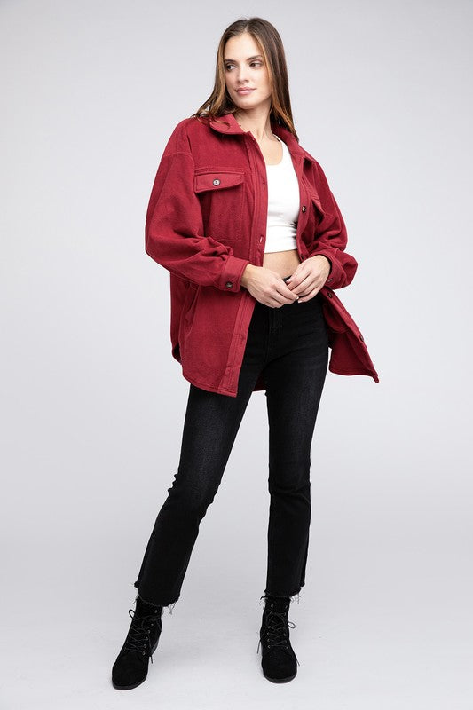 Fleece Buttoned Down Oversized Jacket Burgundy