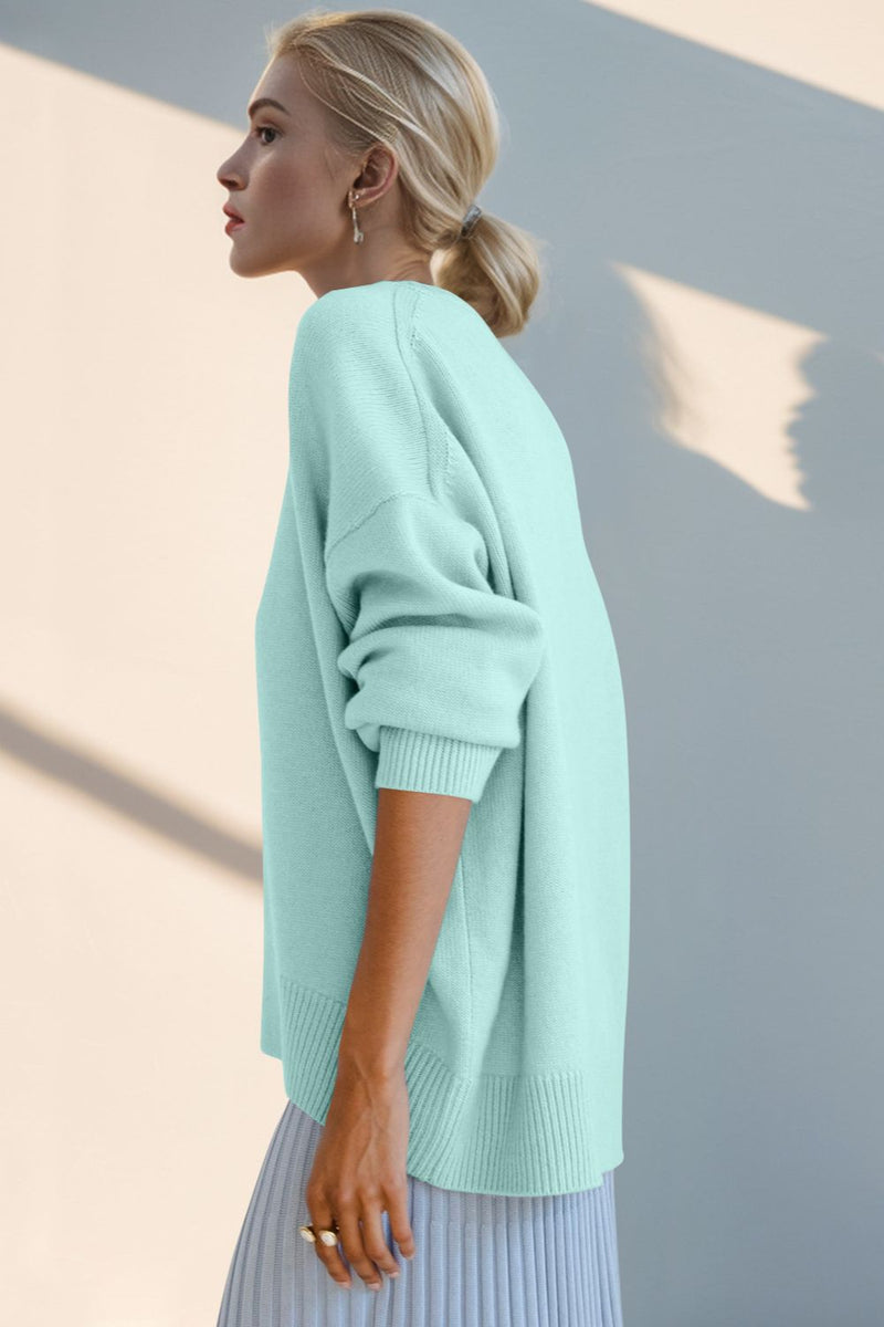 left side view of Basic Bae Round Neck Dropped Shoulder Sweater