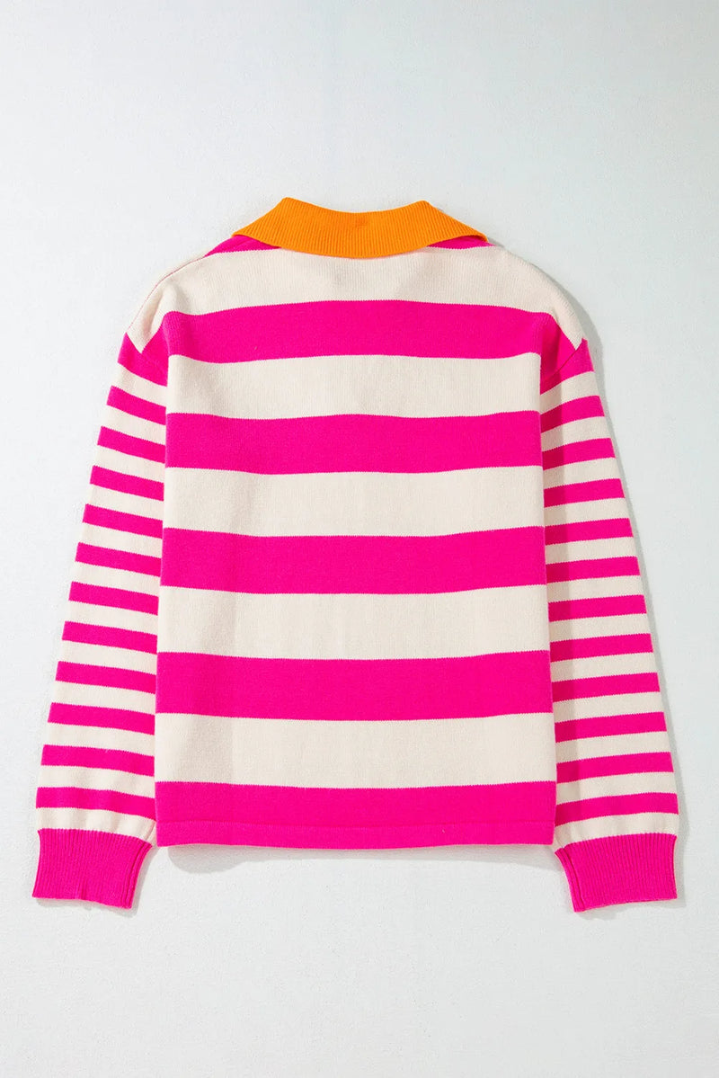 Back view of Contrast Stripes Johnny Collar Long Sleeve Sweater