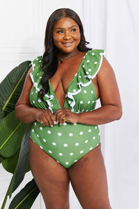 Front view of Moonlit Dip Ruffle Plunge Swimsuit in Mid Green